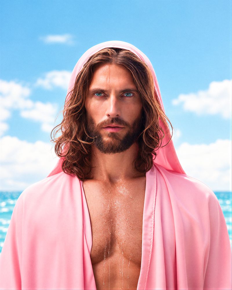 KI-Porträt: Jesus im rosa Gewand vor blauem Himmel, Wassertropfen auf der Brust