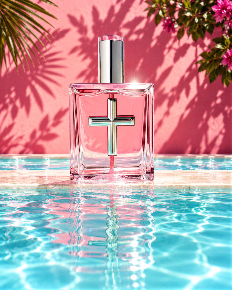Parfumflakon mit silbernem Kreuz am Pool vor einer pinken Wand