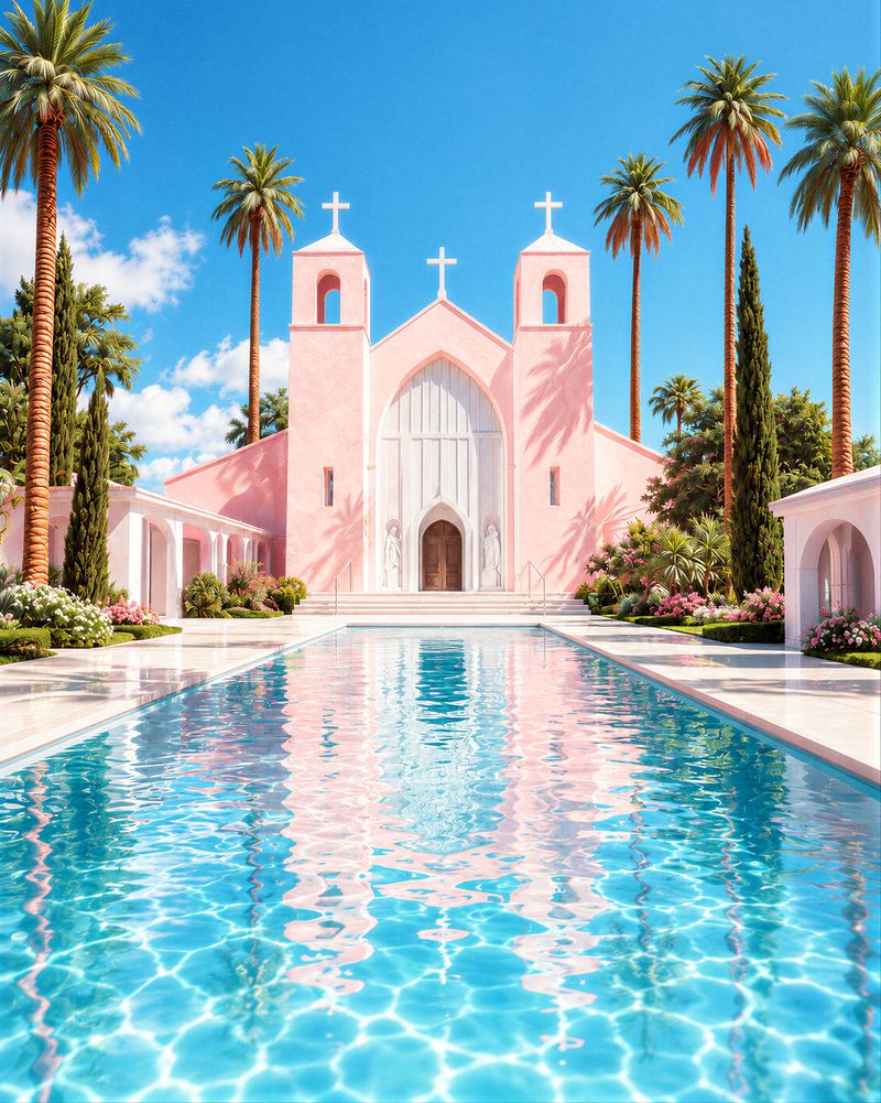 Pinke Kirche mit Palmen hinter einem langen Pool